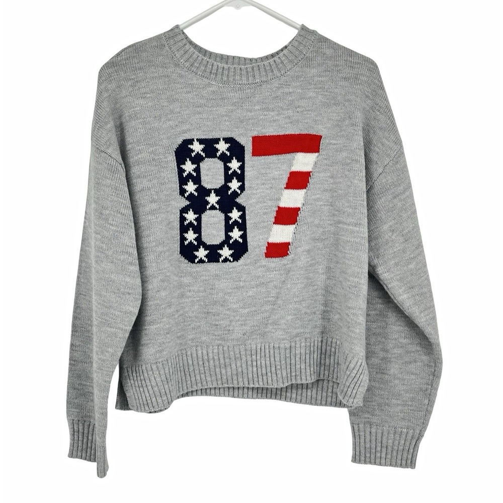 Ultra Flirt Women's XL Gray American Flag 87 Sweater Patriotic Preppy Varsity